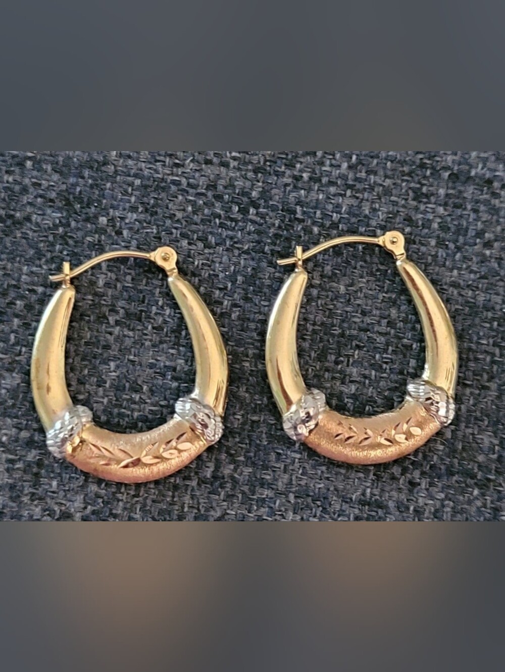 Vintage JCM Jacmel Mauritius 14k Tri Color Gold Puffy Etched Hoop Earrings